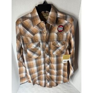Wrangler Mens Western Shirt Brown Plaid Pearl Snap Easy Care Long Sleeve Small